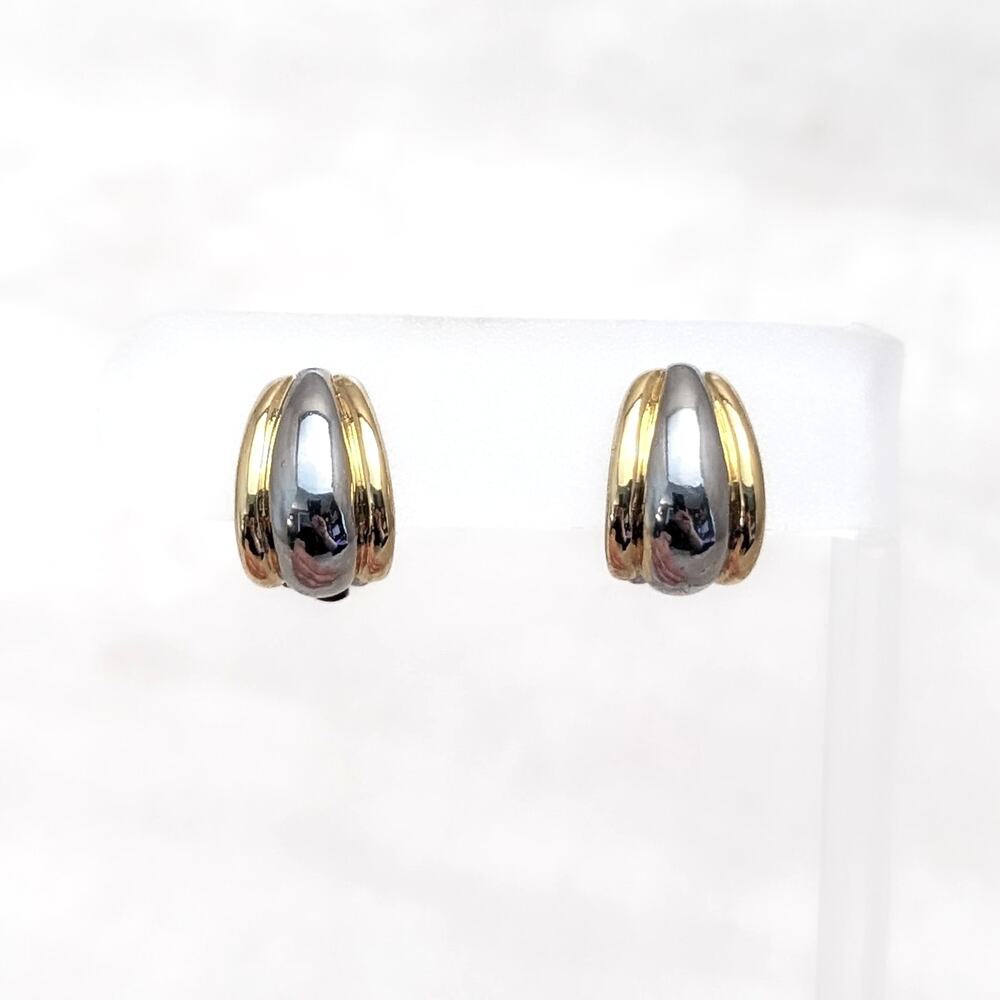 Vintage Clip On Earrings Shiny Mirrored Silver Tone & Gold Tone Elongated Hoops